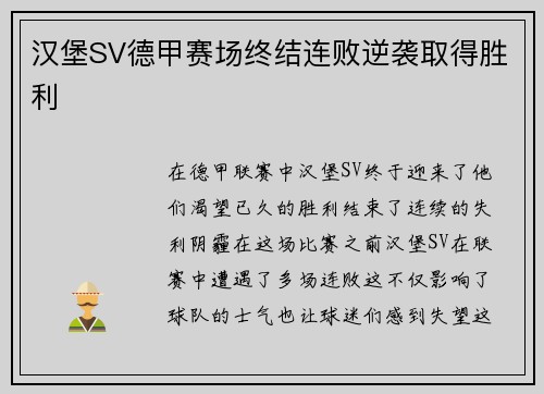 汉堡SV德甲赛场终结连败逆袭取得胜利
