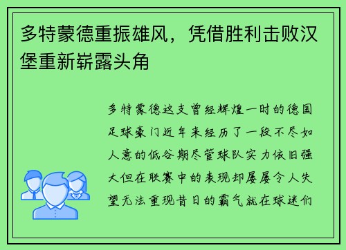 多特蒙德重振雄风，凭借胜利击败汉堡重新崭露头角