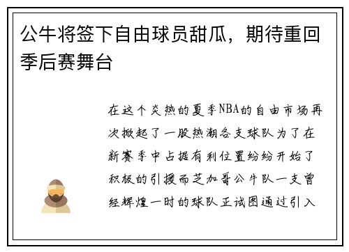公牛将签下自由球员甜瓜，期待重回季后赛舞台