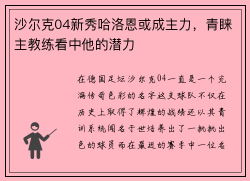沙尔克04新秀哈洛恩或成主力，青睐主教练看中他的潜力
