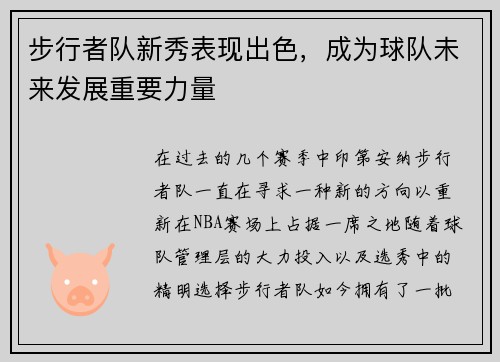 步行者队新秀表现出色，成为球队未来发展重要力量