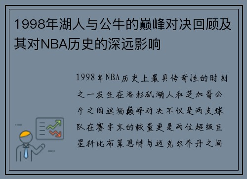 1998年湖人与公牛的巅峰对决回顾及其对NBA历史的深远影响