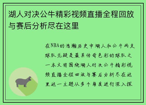 湖人对决公牛精彩视频直播全程回放与赛后分析尽在这里