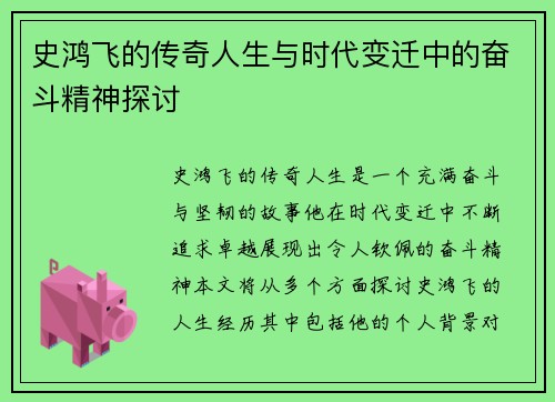 史鸿飞的传奇人生与时代变迁中的奋斗精神探讨
