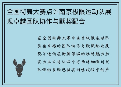 全国街舞大赛点评南京极限运动队展现卓越团队协作与默契配合